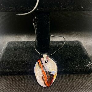 Authentic Murano Glass Pendant Necklace Leather Like Chain Red Purple Glitter‎